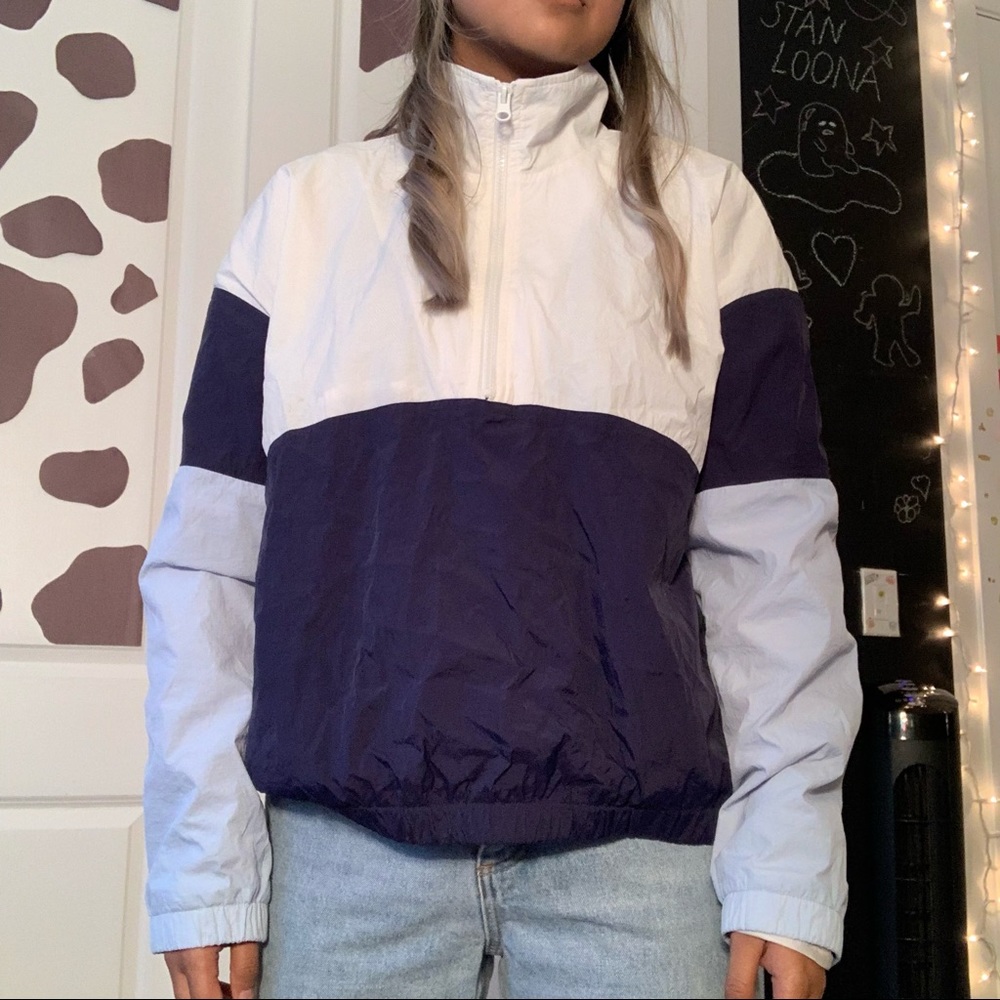 White and Blue Retro Half-Zipped Windbreaker